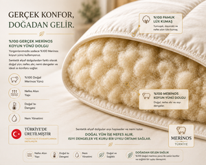 %100 Merinos koyun yünü dolgulu, nefes alan ve ısıyı dengeleyen yorgan