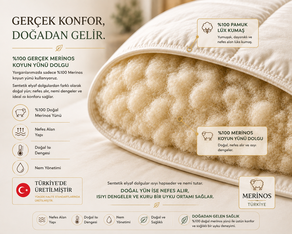 %100 Merinos koyun yünü dolgulu, nefes alan ve ısıyı dengeleyen yorgan