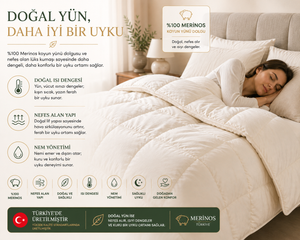 Doğal ısı dengesi ve nem yönetimi sunan Merinos yün yorgan ile uyku